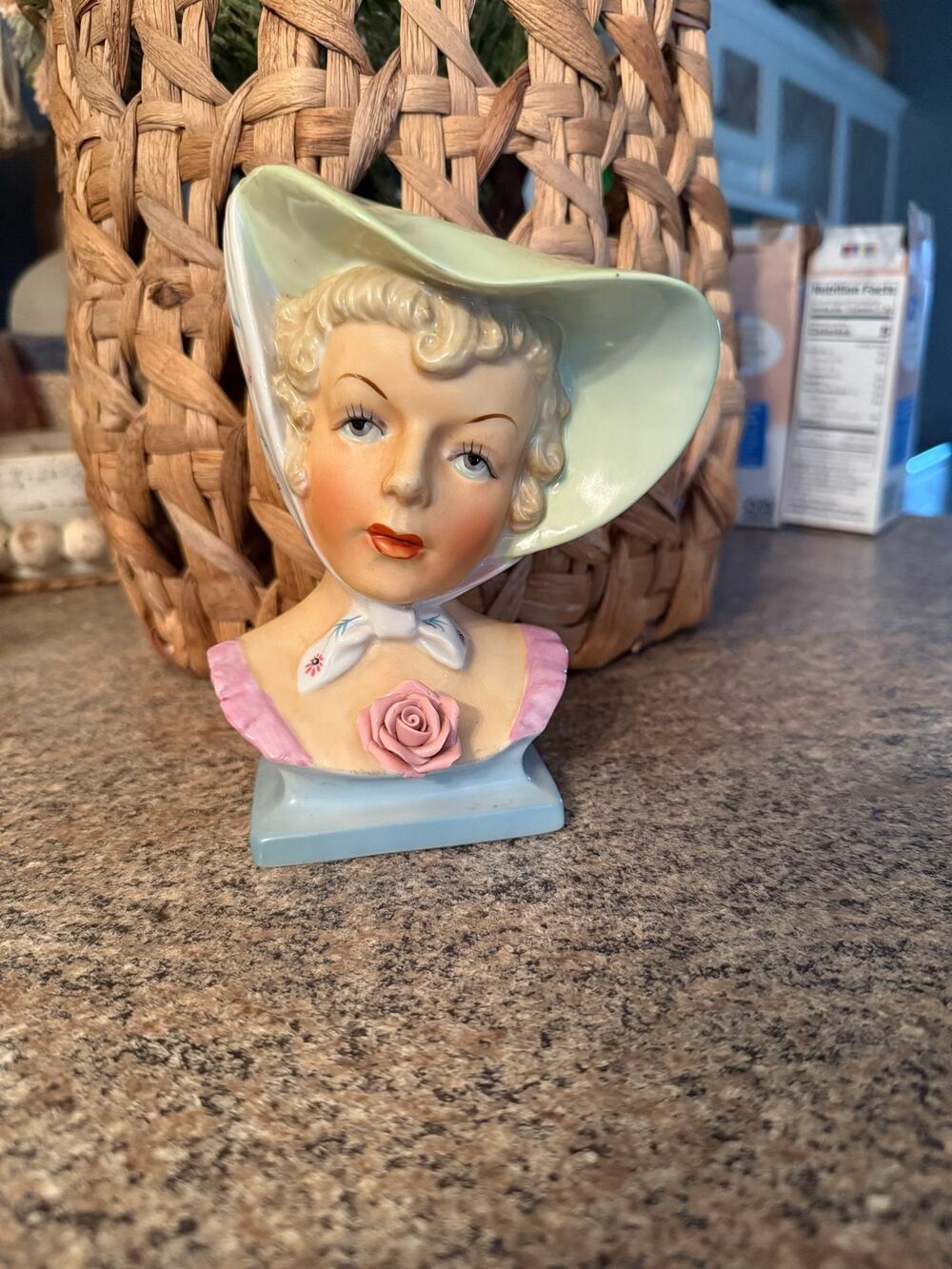 Lady Head Vase Vintage Ucagco Eyes Open Scarf Green Hat Japan Pink Dress